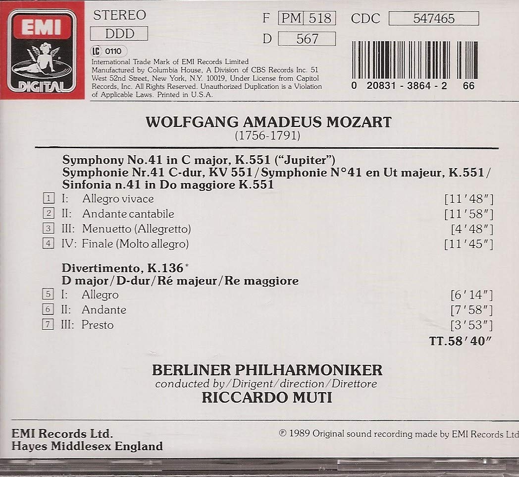 Mozart: Symphony No. 41("Jupiter") etc. Berlin Symphonic / Muti - 1130