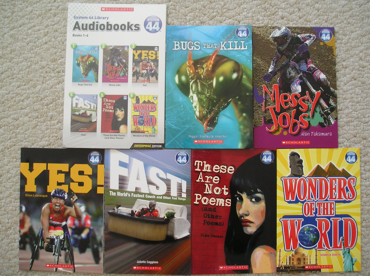 System 44 Library Audiobooks and Paperbacks 1-6 (Wonders of the World, These Are Not Poems, Messy Jobs, Yes, Fast, Bugs That Kill) - 2625